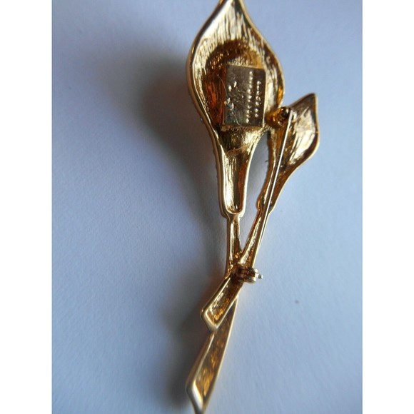 Vintage Calla Lily Large Brooch Pin Gold Tone Faux Pearls Rhinestones Flowers - Picture 2 of 3